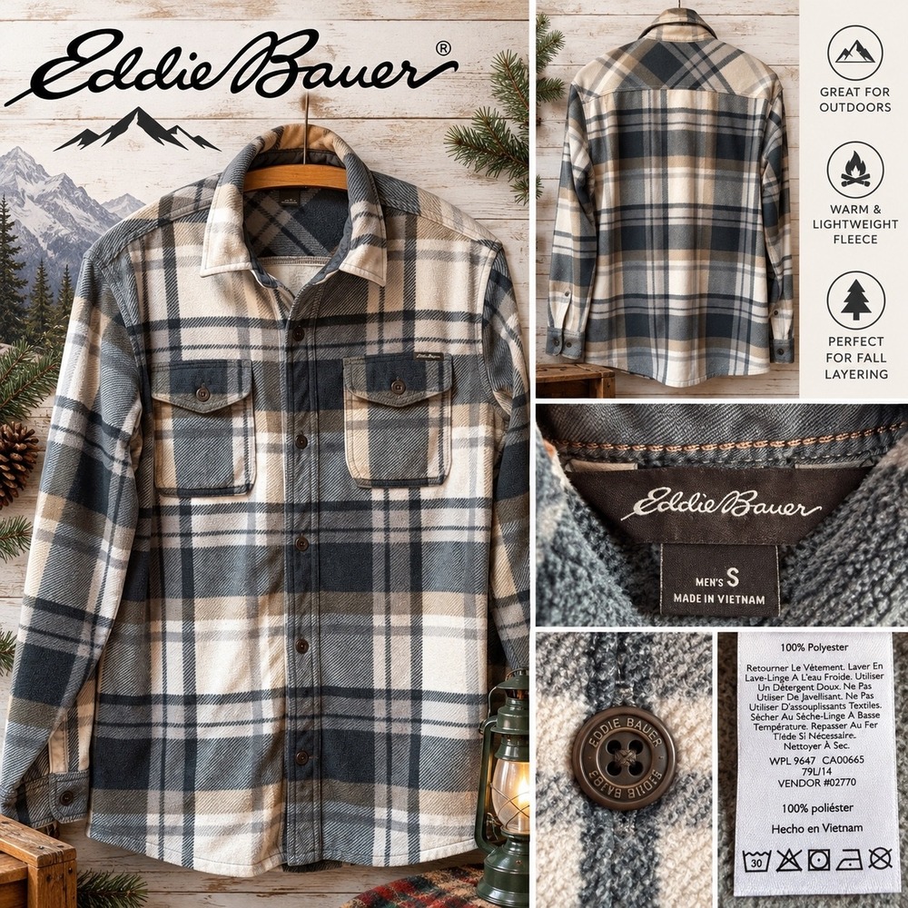 Eddie Bauer Mens Blue Plaid Fleece Button Down Shirt Size S Long Sleeve Cabin